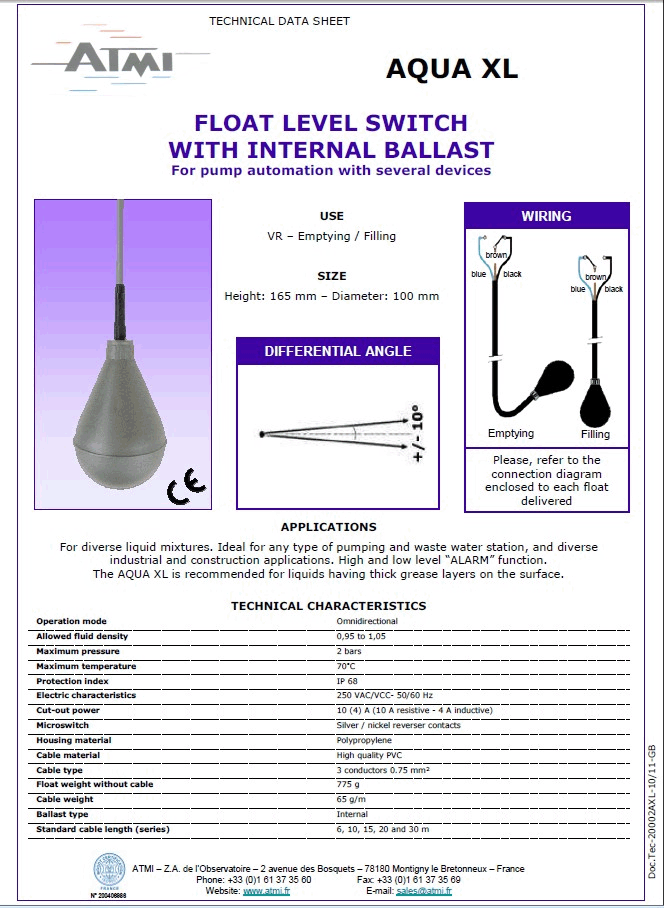 ATMI【AQUA XL】浮球/浮子式液位控制开关
